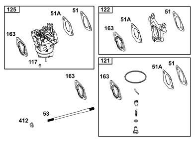 Carburetor Group Diagram and Parts List for 19N332-0001-H7 100000 - 19Z999 Briggs and Stratton Engine